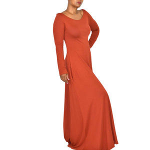 Soft Surroundings Maxi Dress Orange Clay Jersey Long Stretch Fit Flare Boatneck Medium