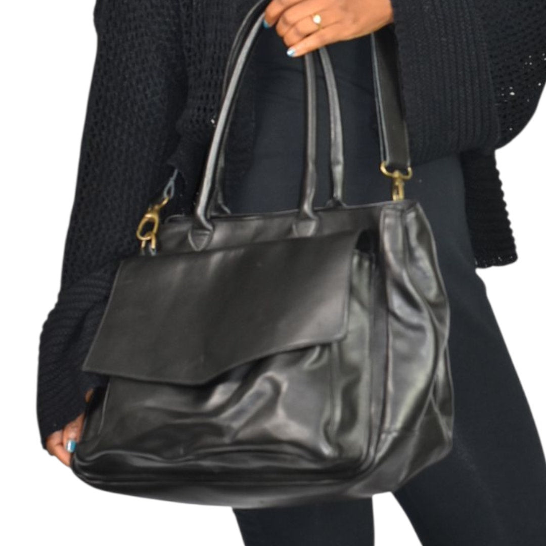 CORSIA Leather Tote Bag Satchel Black Italy Crossbody Strap Handles Carryall Structured