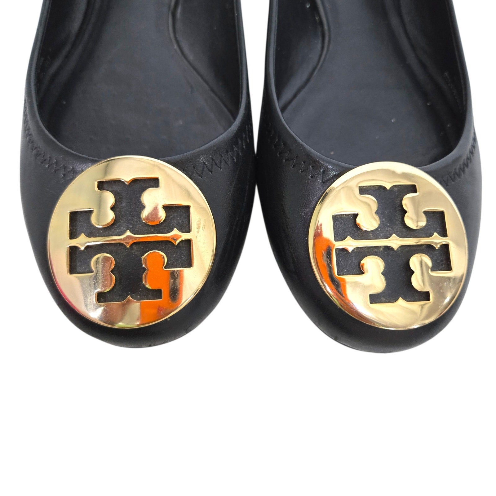 Tory Burch Reva Mestico Ballet Flats Black Leather Round Toe Logo Medallion 6