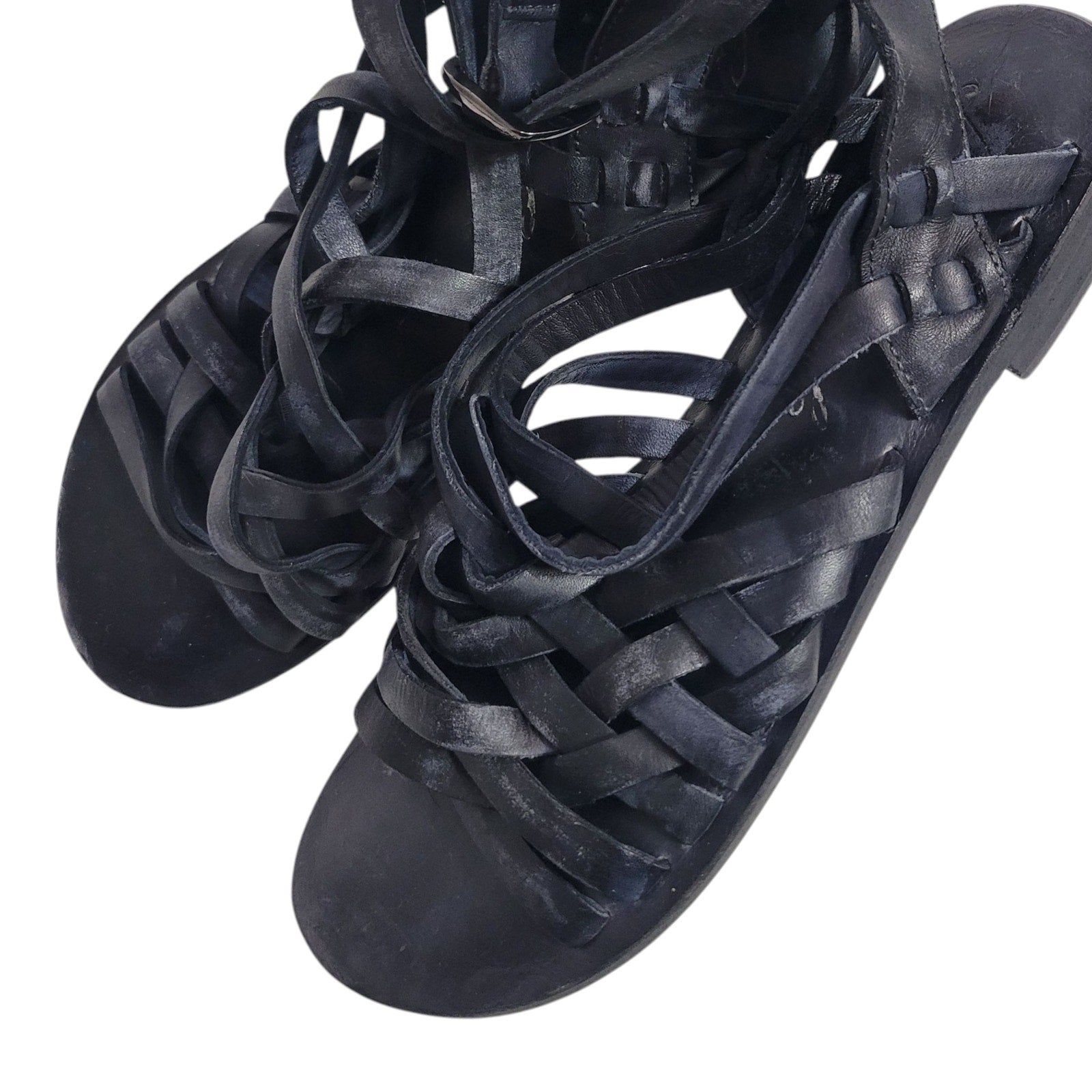 Free People Roman Sandals Black Leather Ankle Strap Gladiator Jesus Woven Open Toe Flat 38