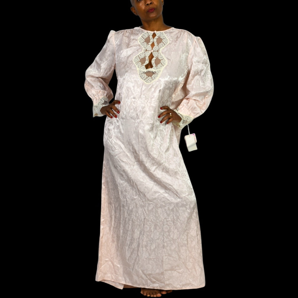 Eve Stillman Couture Satin Nightgown Vintage Pink Jacquard Gown Long Sleeve Lace Medium