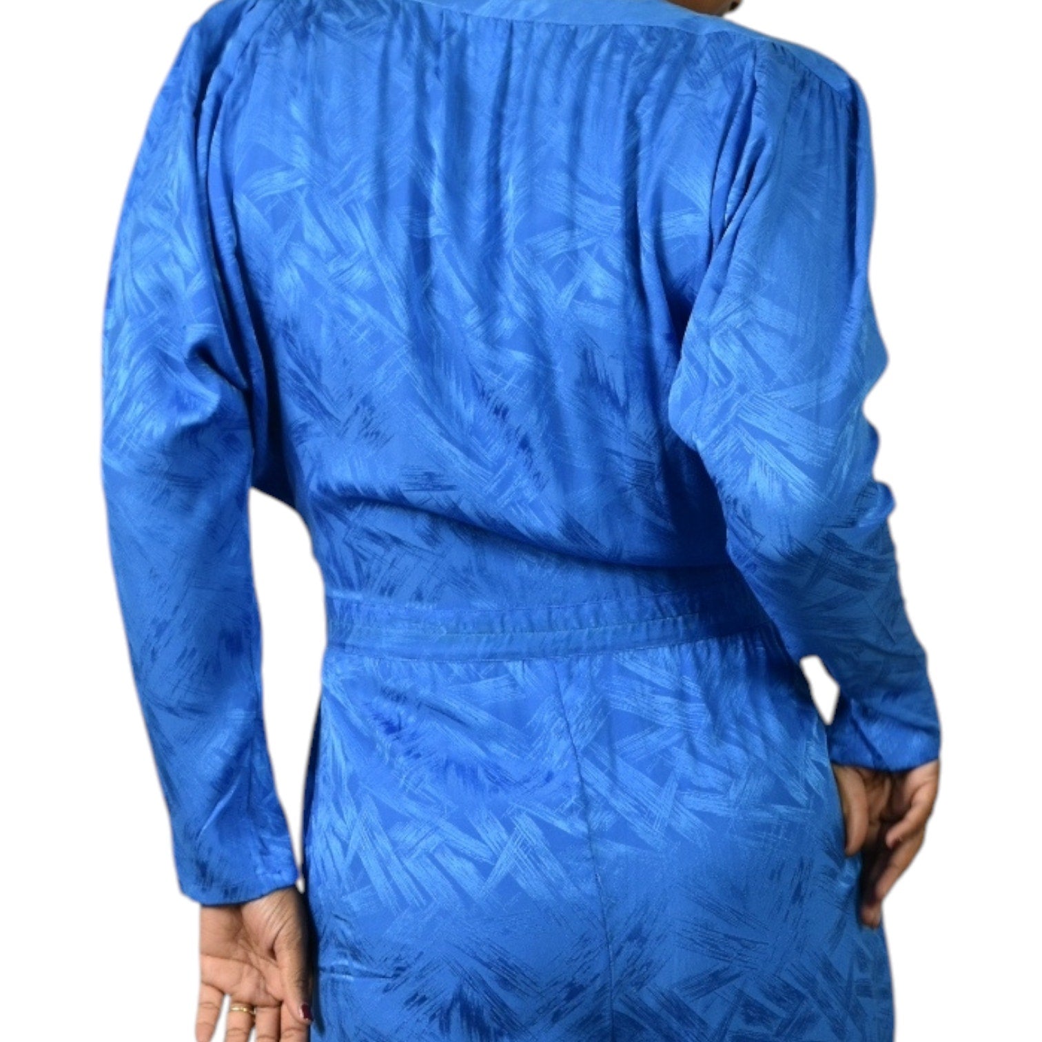 Nora Noh Silk Jumpsuit Blue Vintage Silky Shoulder Pads Tapered Boilersuit Jacquard Small