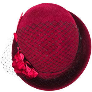 Vintage Betmar Cloche Hat Red Felt Wool Brim Winter Dressy USA Veil Flowers 40s 50s Style Fascinator Small
