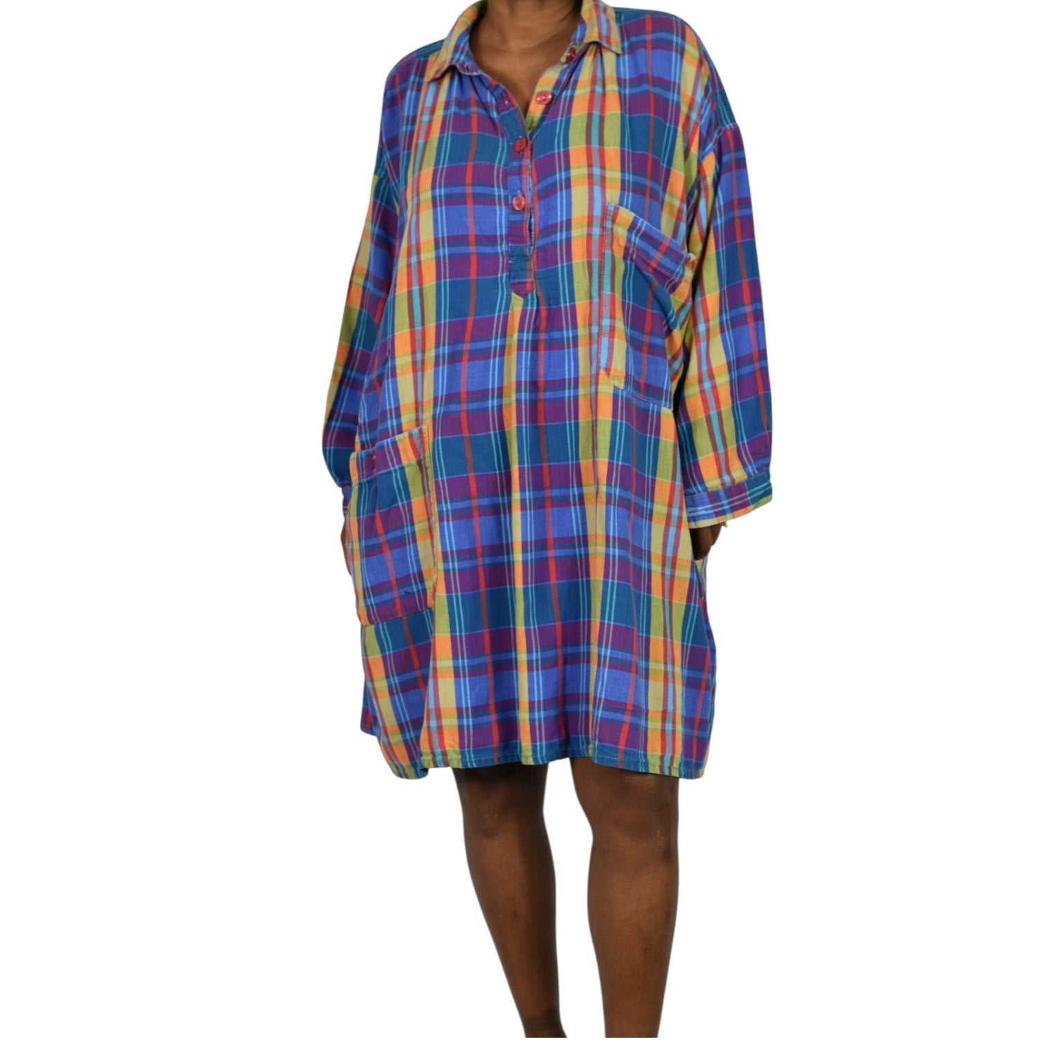 Bloomingdales Lingerie Vintage Nightshirt Blue Plaid Check Bloomies Shirtdress Button Front Dress Pockets Cotton Oversized One Size