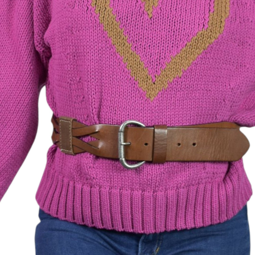 Gap Leather Belt Vintage Brown Canvas Wide Sturdy Rugged Textured Cutouts Medium