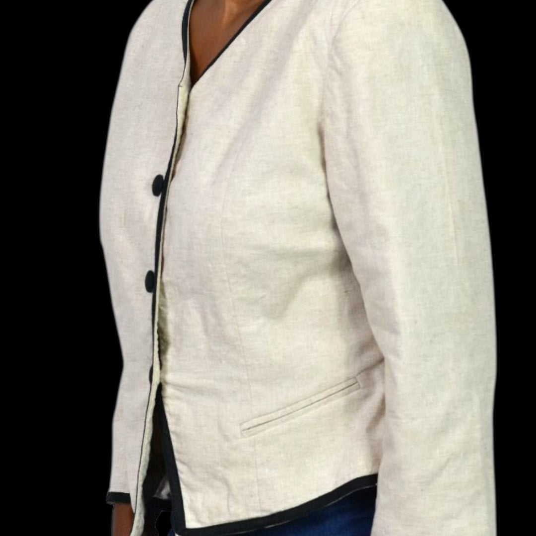 Vintage Althuser Linen Blend Blazer Jacket Beige Cropped Black Trim Tailored Shoulder Pads 10