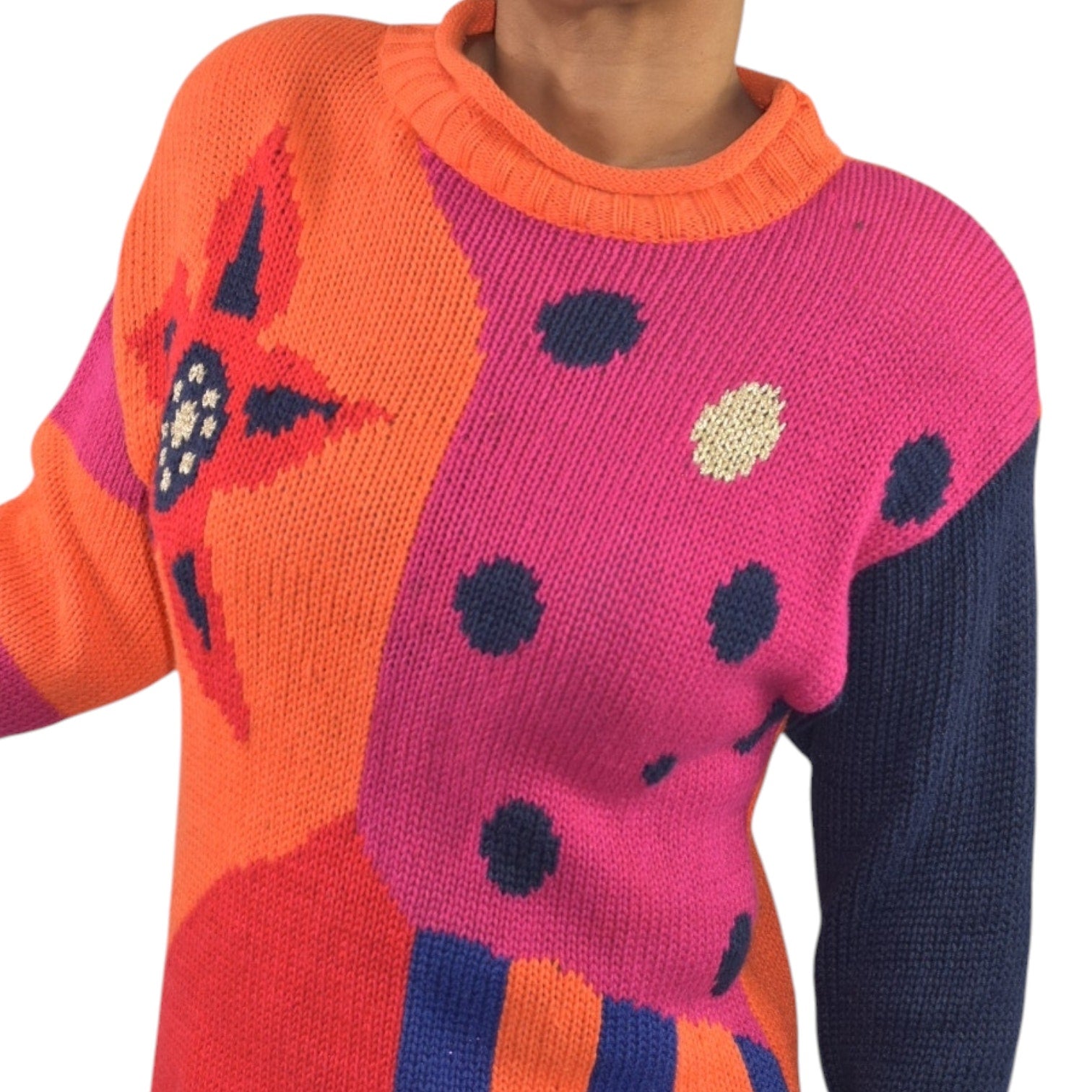 Vintage Pasta Knit Sweater Orange Multi Abstract Print Intarsia Novelty Chunky Shoulder Pads Small