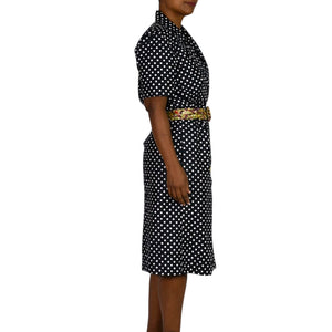 Vintage SG Gilbert Polka Dot Dress Black White Notched Collar Shirtdress Double Breasted 8