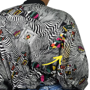 Vintage Magic International Print Bomber Jacket Silky Black Multi Zip Front Abstract Zebra One Size OS