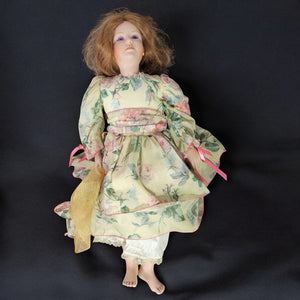 Vintage Bell Ceramics Porcelain Doll 27" Purple Violet Eyes 90s Prairie Floral Pastel Dress Custom Cloth Body