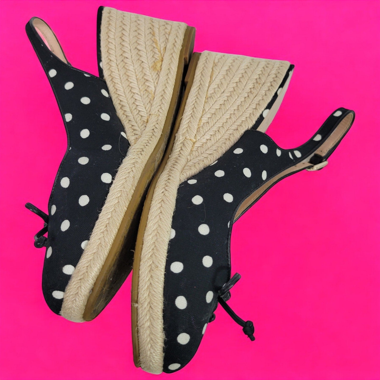 Kate Spade Panama Nights Wedge Black Polka Dot Heels Espadrille Canvas Slingback Size 7.5