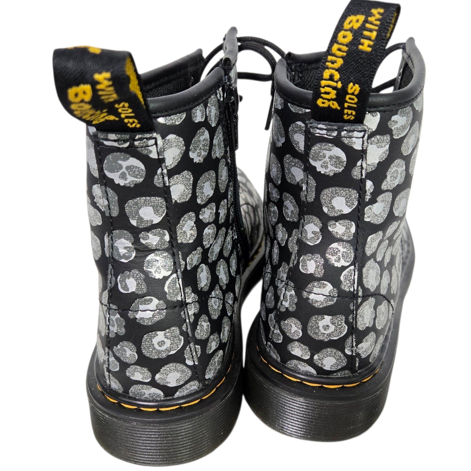 Dr Martens Junior Leopard Hydro Combat Boots Black Skulls Metallic Leather Ankle Girls 4