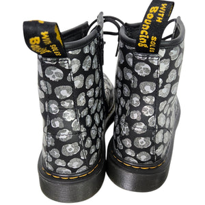 Dr Martens Junior Leopard Hydro Combat Boots Black Skulls Metallic Leather Ankle Girls 4