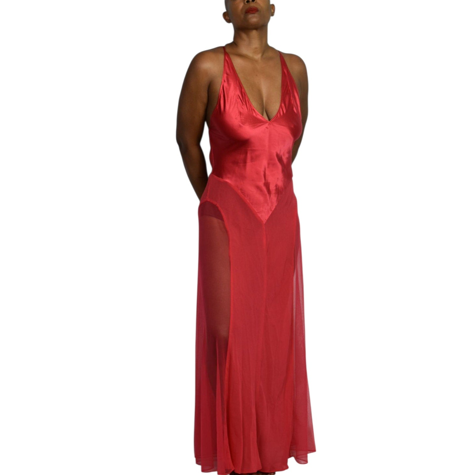 Victorias Secret Red Silk Nightgown Satin Sheer Tulle Chiffon Long Maxi Slip XS