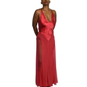 Victorias Secret Red Silk Nightgown Satin Sheer Tulle Chiffon Long Maxi Slip XS