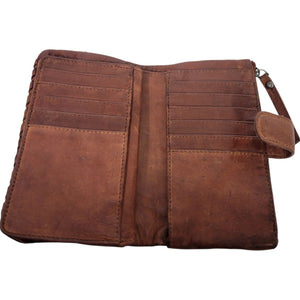 Vilenca Holland Wallet Brown Cognac Leather Woven Soft Pocket Slots Basketweave Billfold Bifold