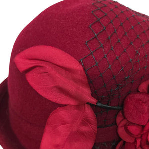Vintage Betmar Cloche Hat Red Felt Wool Brim Winter Dressy USA Veil Flowers 40s 50s Style Fascinator Small