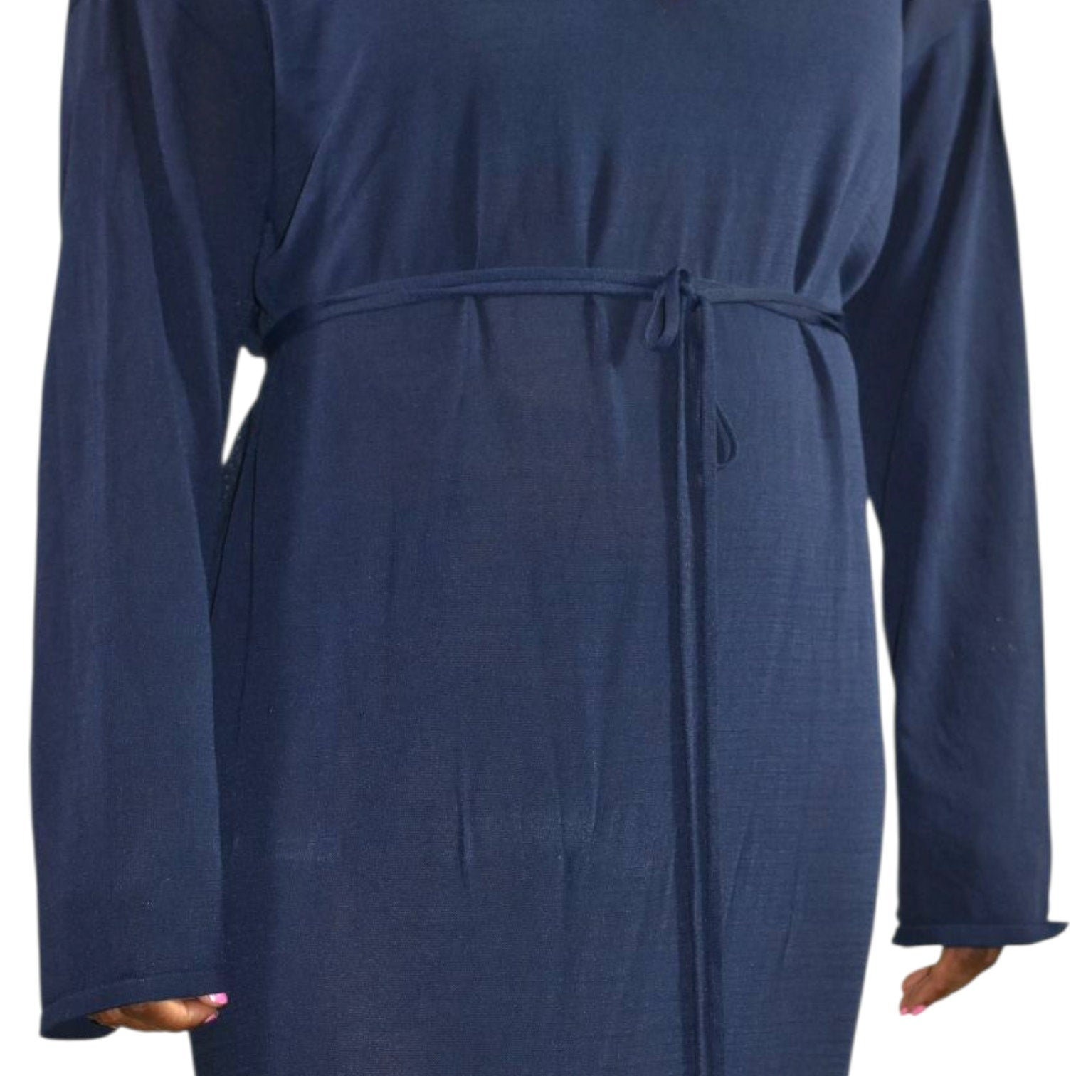 Zara Knit Maxi Dress Blue Navy Sheer V Neck Oversized Belted Caftan Long Viscose Casual Medium