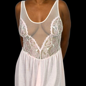 Vintage Victorias Secret Nightgown Pink Crown Label Knit Lace Mesh 80s Gown Sheer Medium