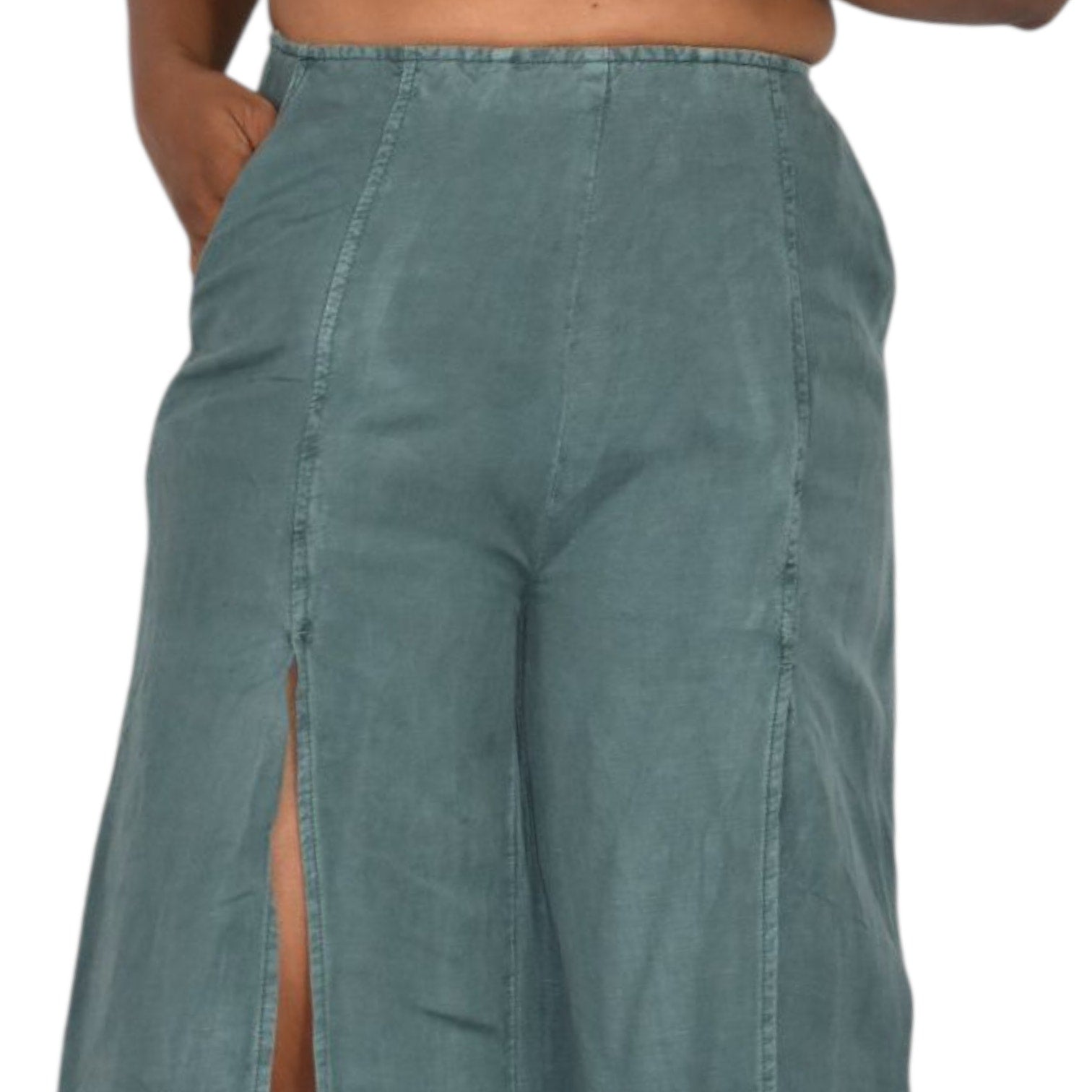 Young Fabulous Broke Cove Pant Green YFB Front Slits Crop Flare High Waist Washed Linen XS