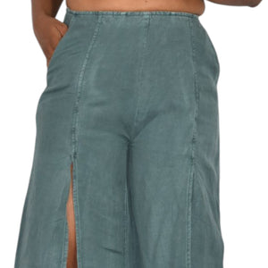 Young Fabulous Broke Cove Pant Green YFB Front Slits Crop Flare High Waist Washed Linen XS