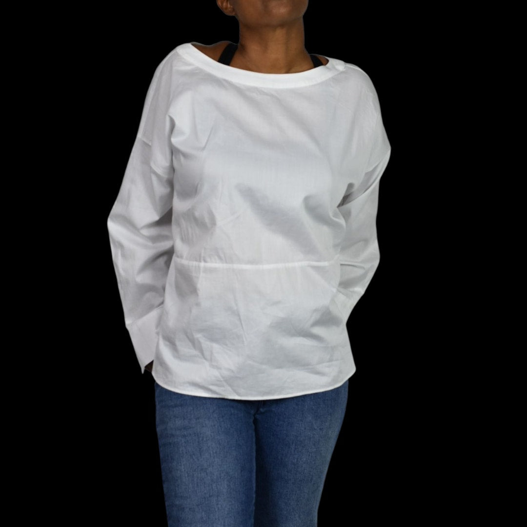 Harshman Anthropologie Cotton Blouse White Shirt Tie Button Back Oversized Backwards Small