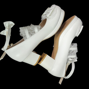 Lolita Mary Jane Shoes White Bows Ribbons Chunky Block Heels Platform Coquette Frilly Size 8