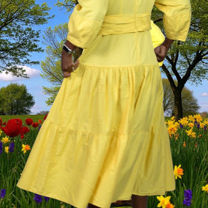 Derek Lam Twist Front Midi Dress Yellow Waist Cutout Poplin Cotton Tiered Medium 40 8