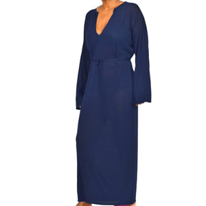 Zara Knit Maxi Dress Blue Navy Sheer V Neck Oversized Belted Caftan Long Viscose Casual Medium