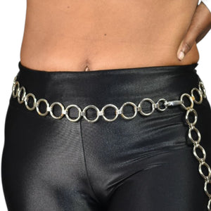 Metal Chain Belt Hoops Loops Circles O Ring Waist Silver Tone One Size Adustable