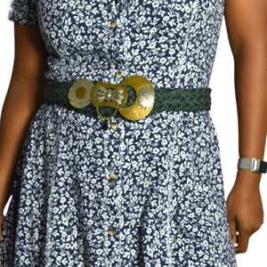 Baer SF Braided Belt Green Leather Mixed Embellished Media Metals Discs Arty Bohemian Handmade