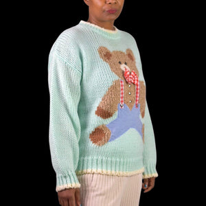 Vintage Far and Near Teddy Bear 3D Sweater Green Pastel Textured Fairy Kei Kawaii 90s Campy Novelty Large