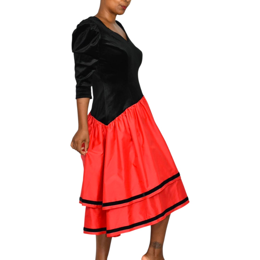 Vintage 80s Black Velvet Dress Red Taffeta Asymmetrical Ruffle Tiered Stretch Handmade Large