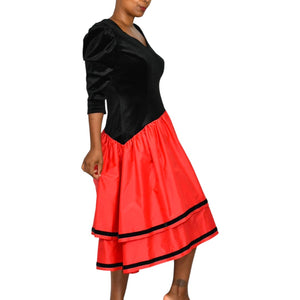 Vintage 80s Black Velvet Dress Red Taffeta Asymmetrical Ruffle Tiered Stretch Handmade Large