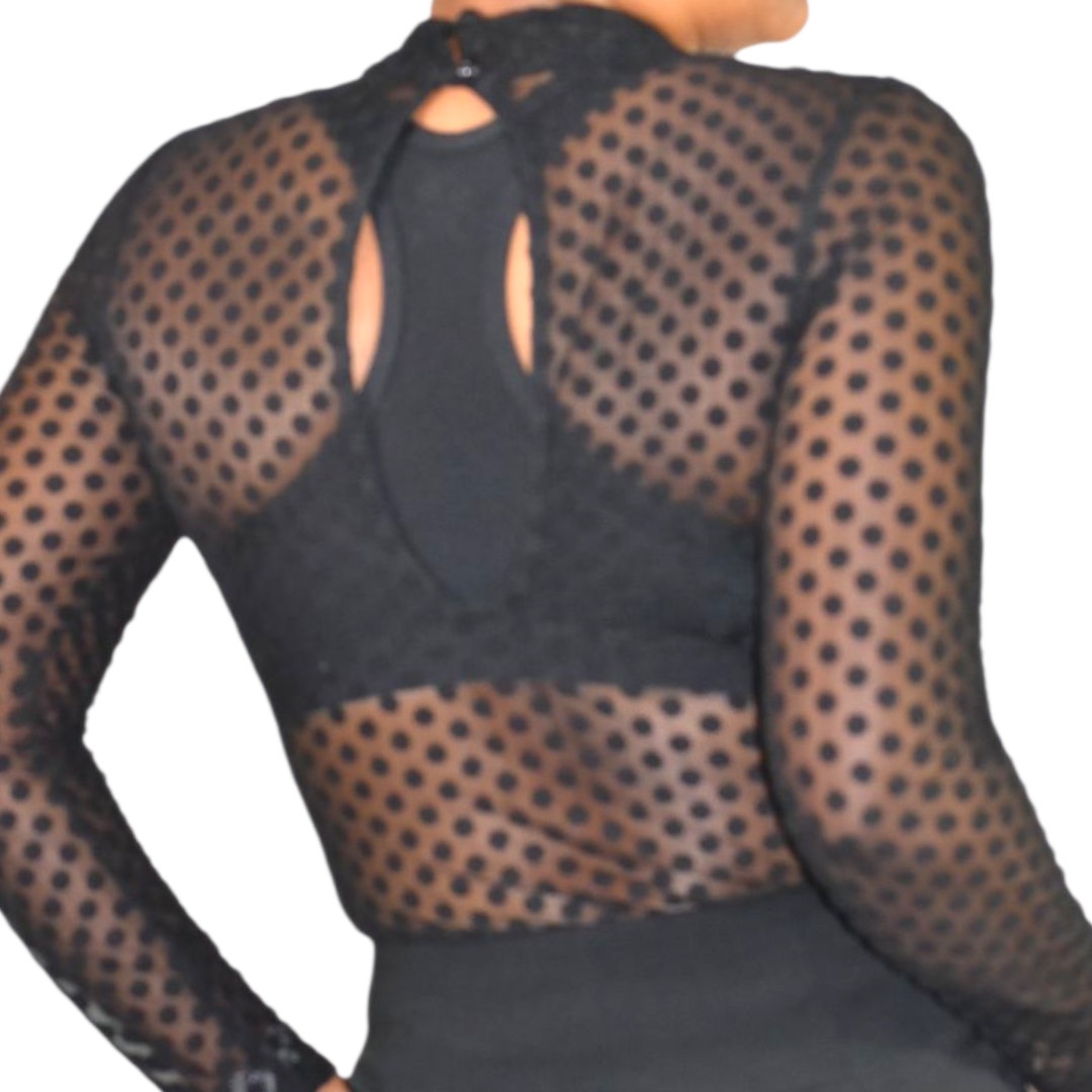 Windsor Sheer Bodysuit Black Flocked Polka Dot Mock Mesh Neck Long Sleeves Top Small