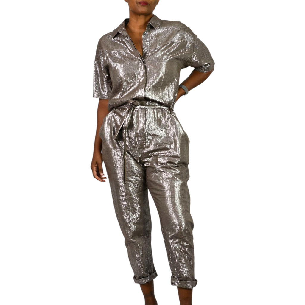 Xirena Theo Metallic Jumpsuit Bronze Brown Metallic Shimmer Cotton Lurex Belted Small