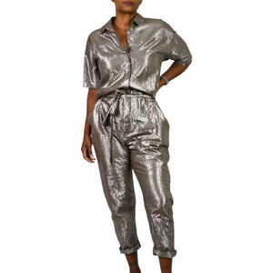 Xirena Theo Metallic Jumpsuit Bronze Brown Metallic Shimmer Cotton Lurex Belted Small