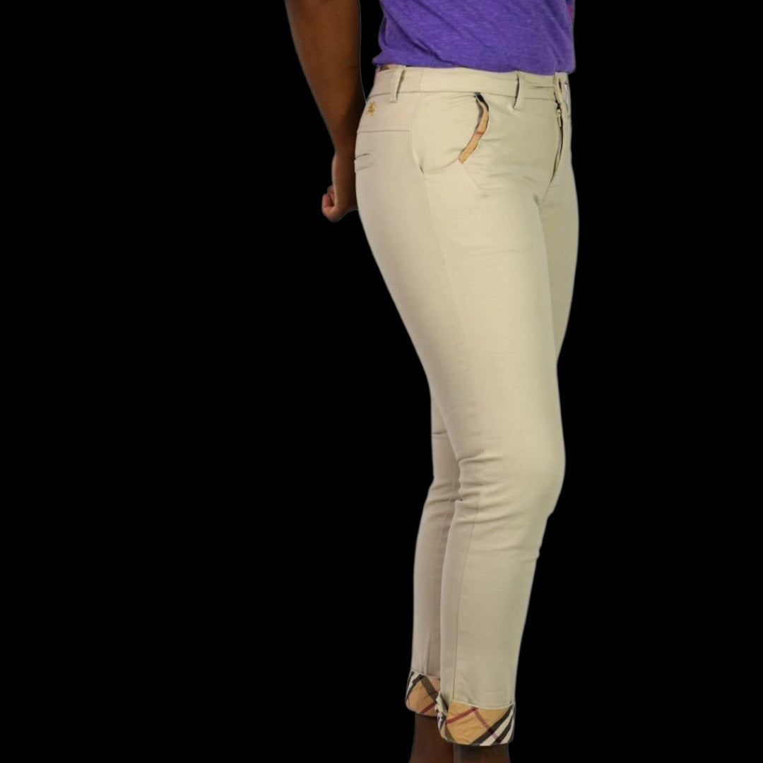 Burberry Khaki Pants Tan Nova Check Chino Cuff Tapered Ankle Cropped Low Rise 26