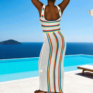 Solid Striped Aubrey Crochet Maxi Cover Up Dress White Rainbow Vertical Stripe Knit Small
