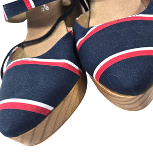 Free People Monaco Clogs Blue Navy Stripe Wrap Chunky Platform Wooden Heels 38 7.5