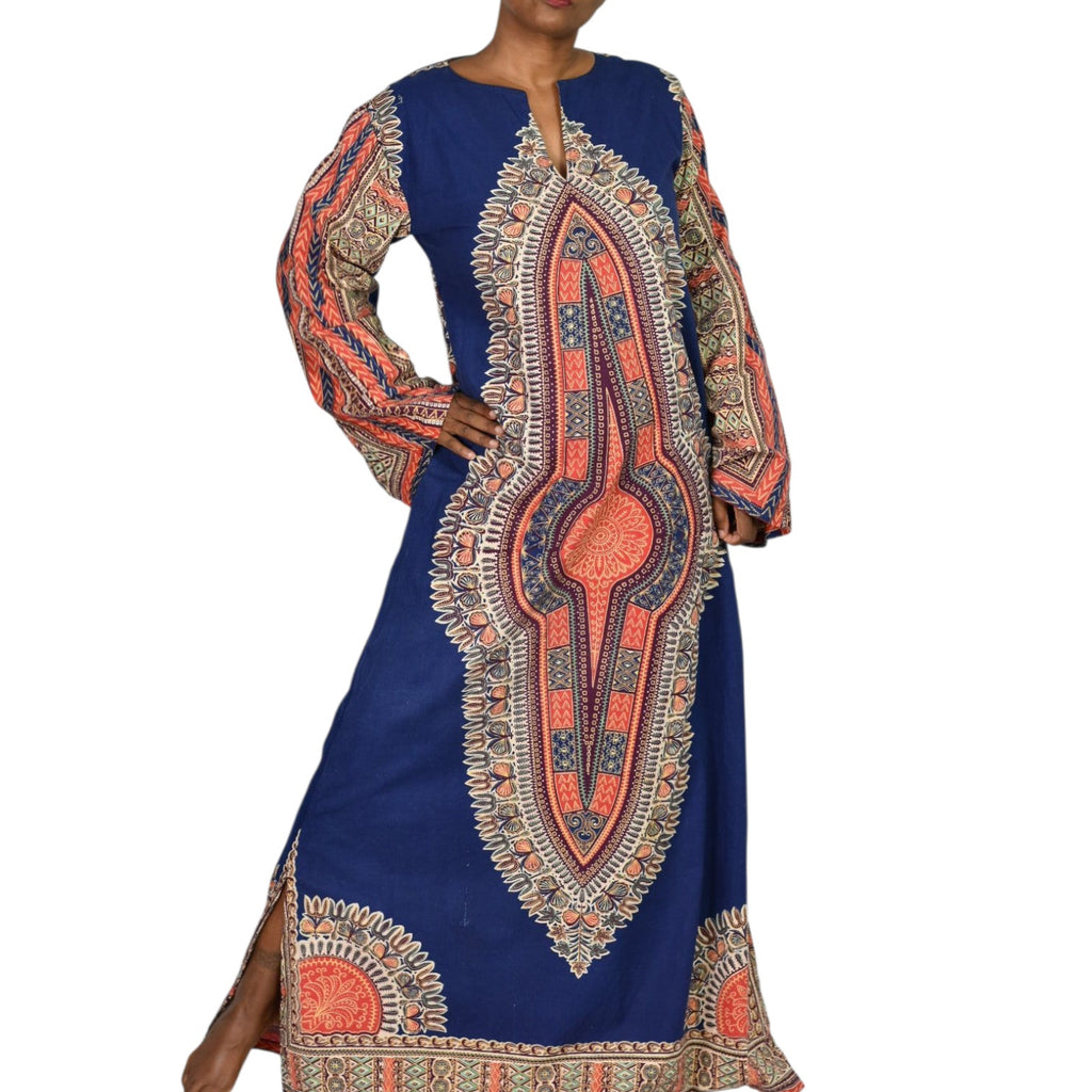 Vintage Dashiki Pakistan Caftan Dress Blue Kaftan 70s Maxi Dress Kimono Sleeve Side Slits Hippie Bohemian Festival Medium