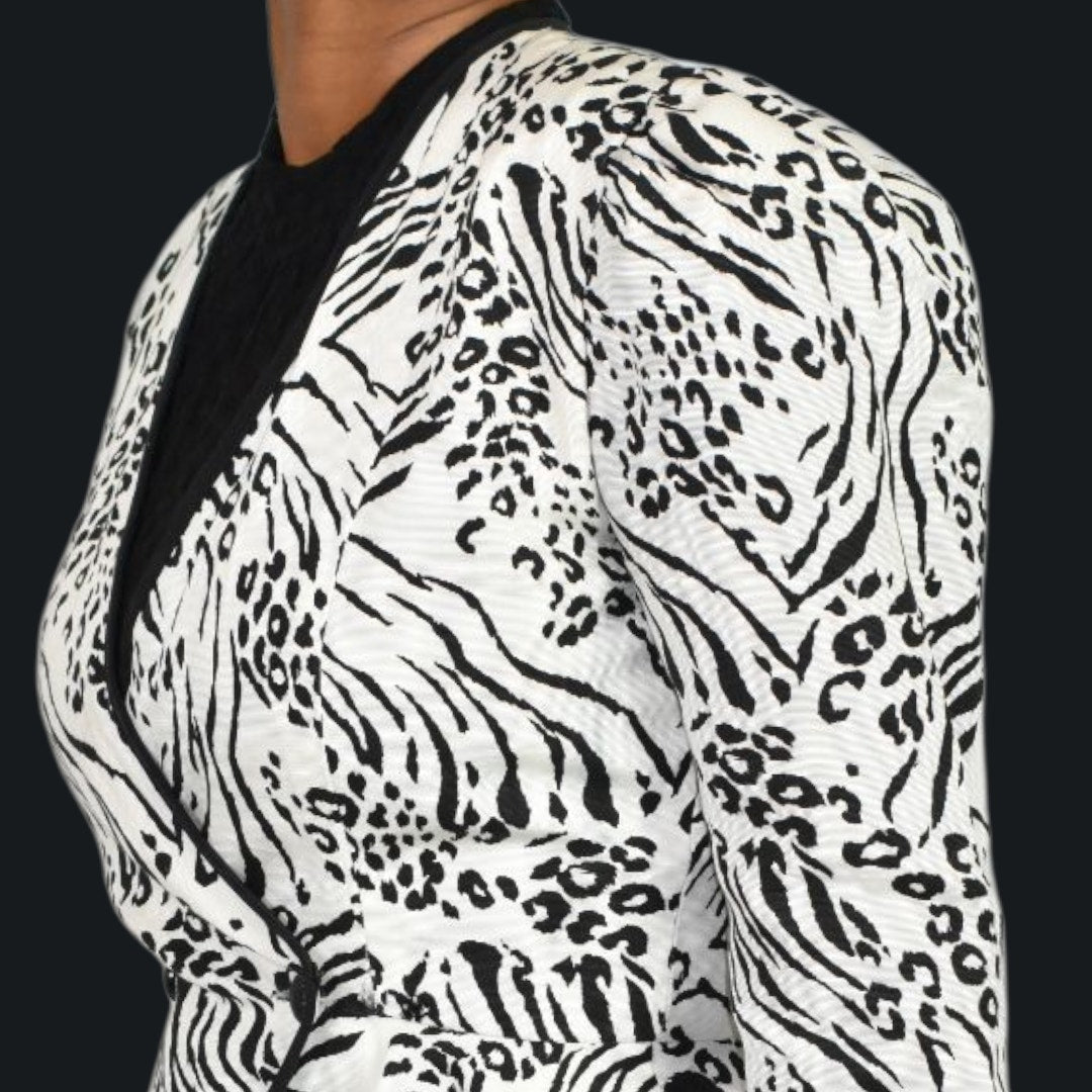 Vintage Jessica Howard 80s Power Blazer Jacket White Black Animal Print Shoulder Pads Peplum Small