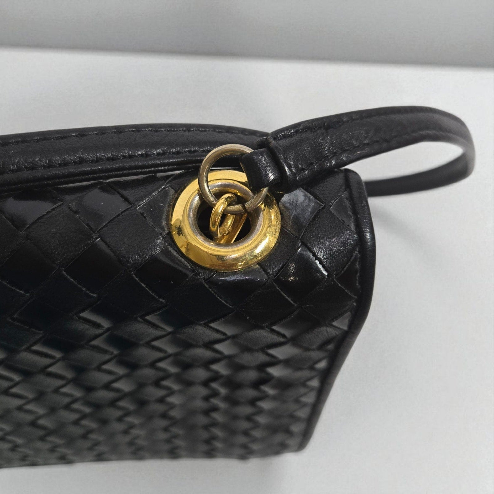 Vintage Talbots Woven Tassel Bag Black Leather Crossbody Mini Box Square Snap Flap Envelope
