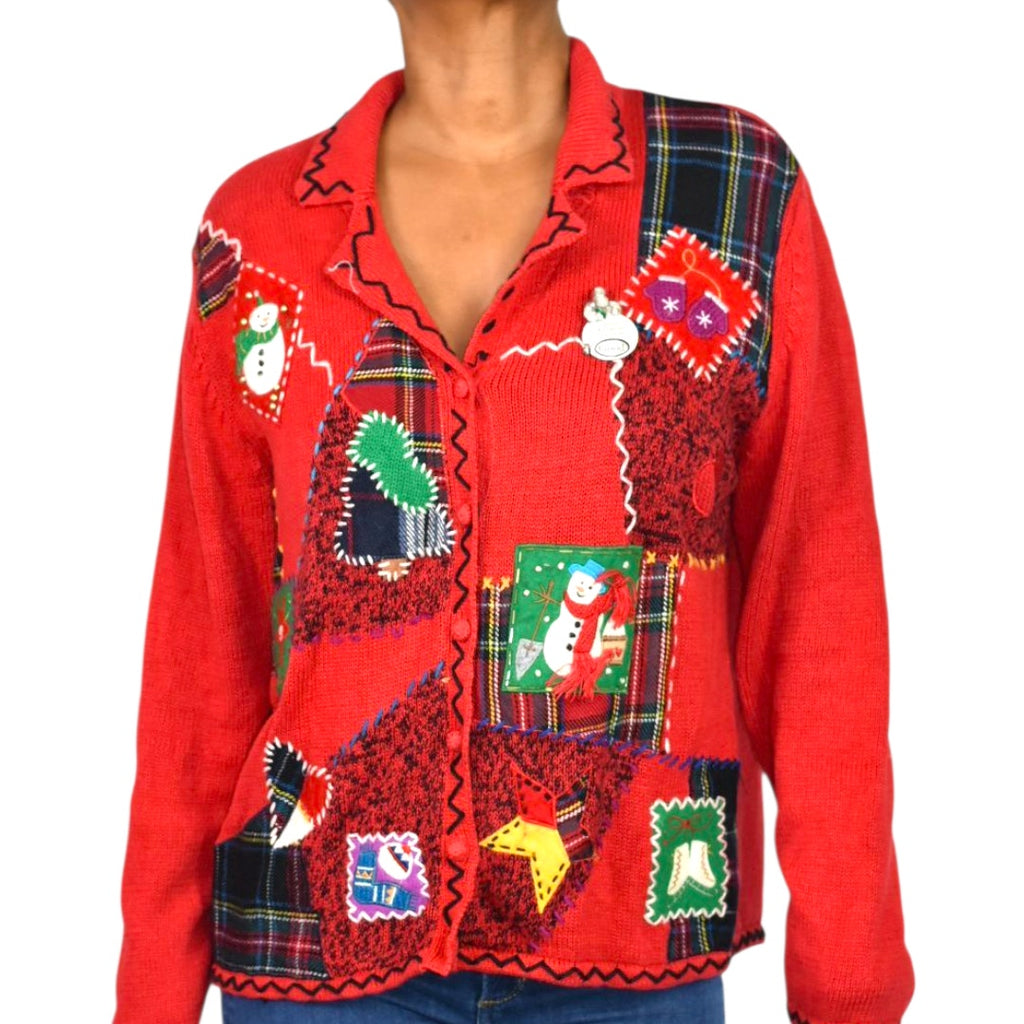 Vintage Studio Joy Ugly Christmas Sweater Cardigan Patchwork Plaid Snowman Ramie Cotton Large