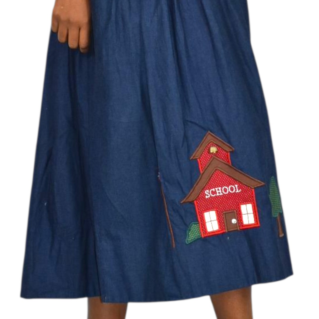 Vintage Betsys Denim Pinafore Dress Blue Teacher Applique Smock Patchwork Long School Medium