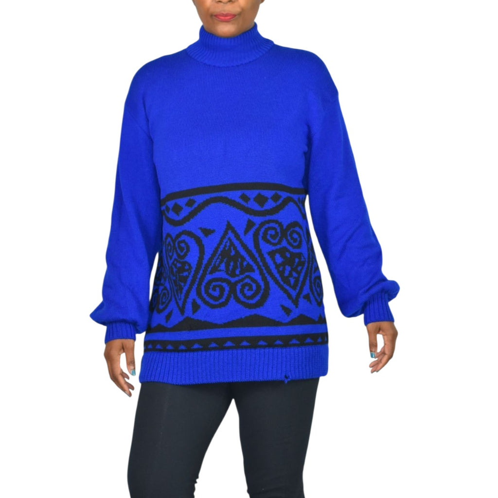 Vintage St John Sportswear Sweater Royal Blue Marie Gray Patterned Turtleneck Medium