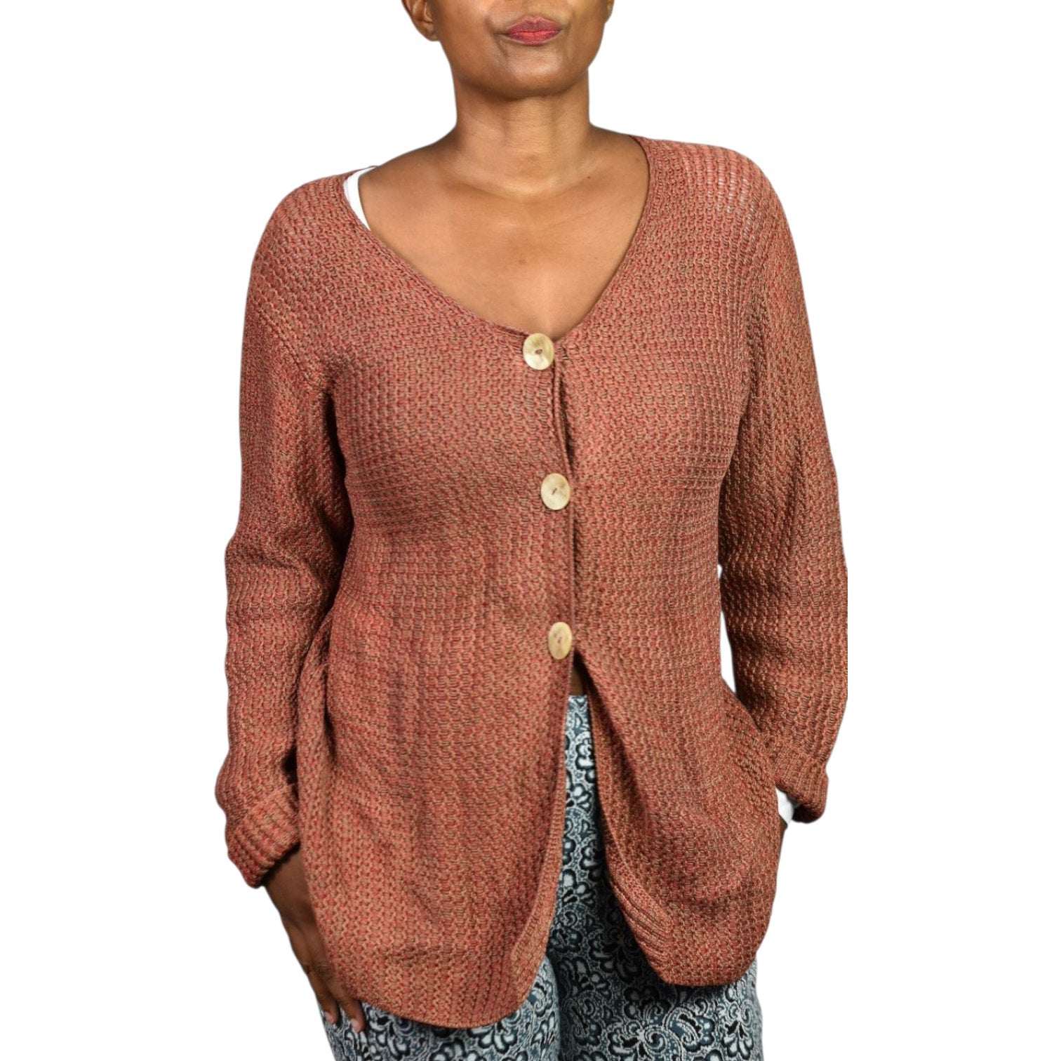 Vintage Peruvian Connection Sweater Russet Brown Pima Cotton Woven Cardigan Medium