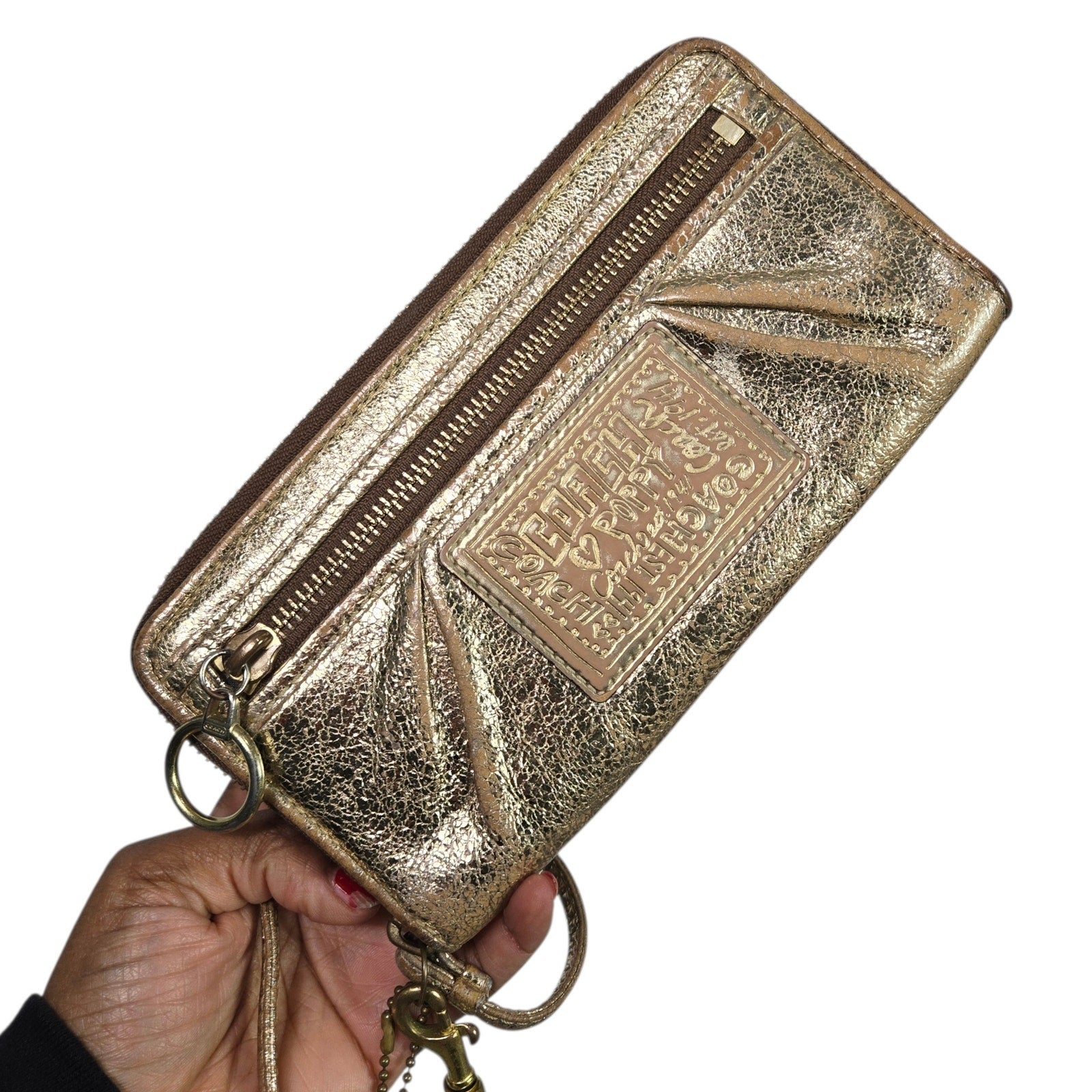 Coach Champagne Gold Wristlet w/ Seafoam Silk Hair Ribbon & Matching Gold Ring coach gold wristlet products for sale | eBay main image 2
