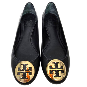 Tory Burch Reva Mestico Ballet Flats Black Leather Round Toe Logo Medallion 6