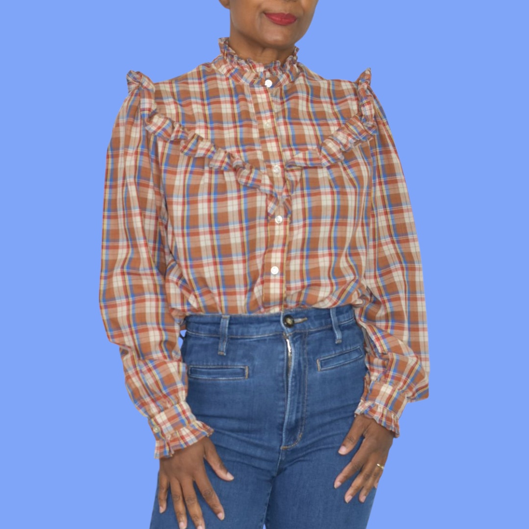 Vintage Plaid Ruffle Blouse Brown Victorian High Neck Shirt Homemade Yoked Small